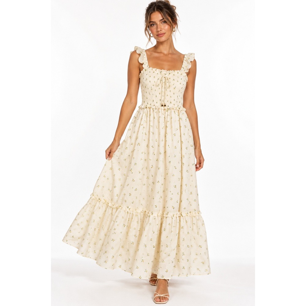 H&M Smocked Floral Maxi Dress Cream Yellow Ruffle Tiered Sleeveless US S